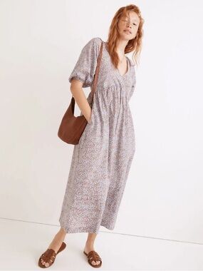 Madewell Marianna Puff Sleeve Dress Women Small Blue Floral Midi 100% Cotton